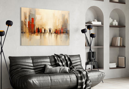 Beige Cityscape Walking Figures Glass Wall Art