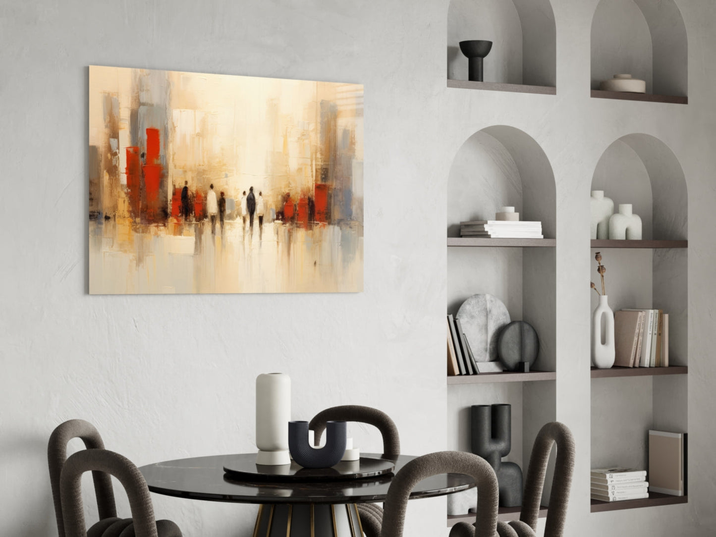 Beige Cityscape Walking Figures Glass Wall Art