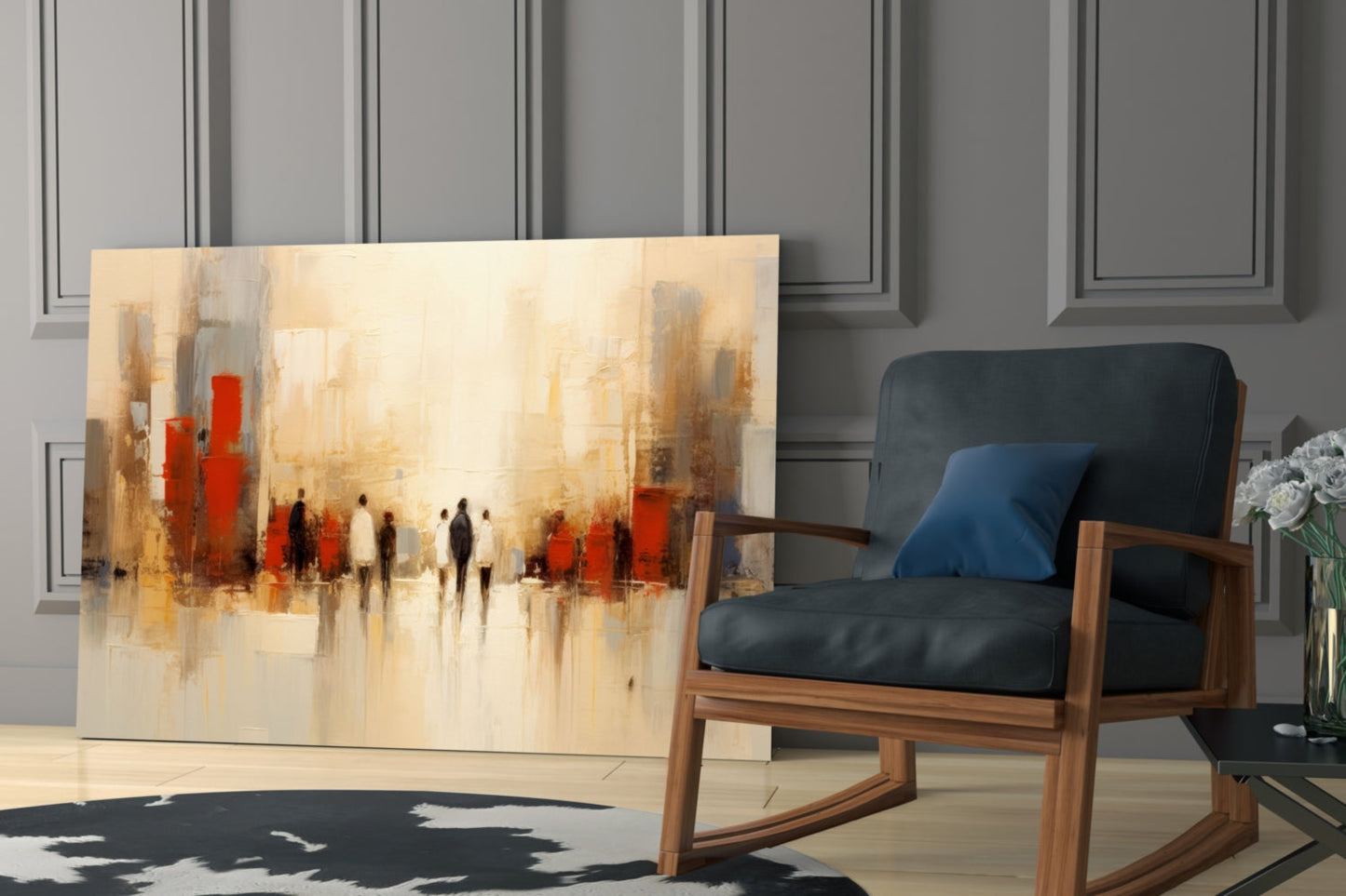 Beige Cityscape Walking Figures Glass Wall Art