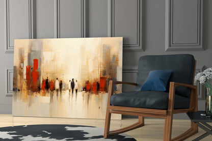 Beige Cityscape Walking Figures Glass Wall Art