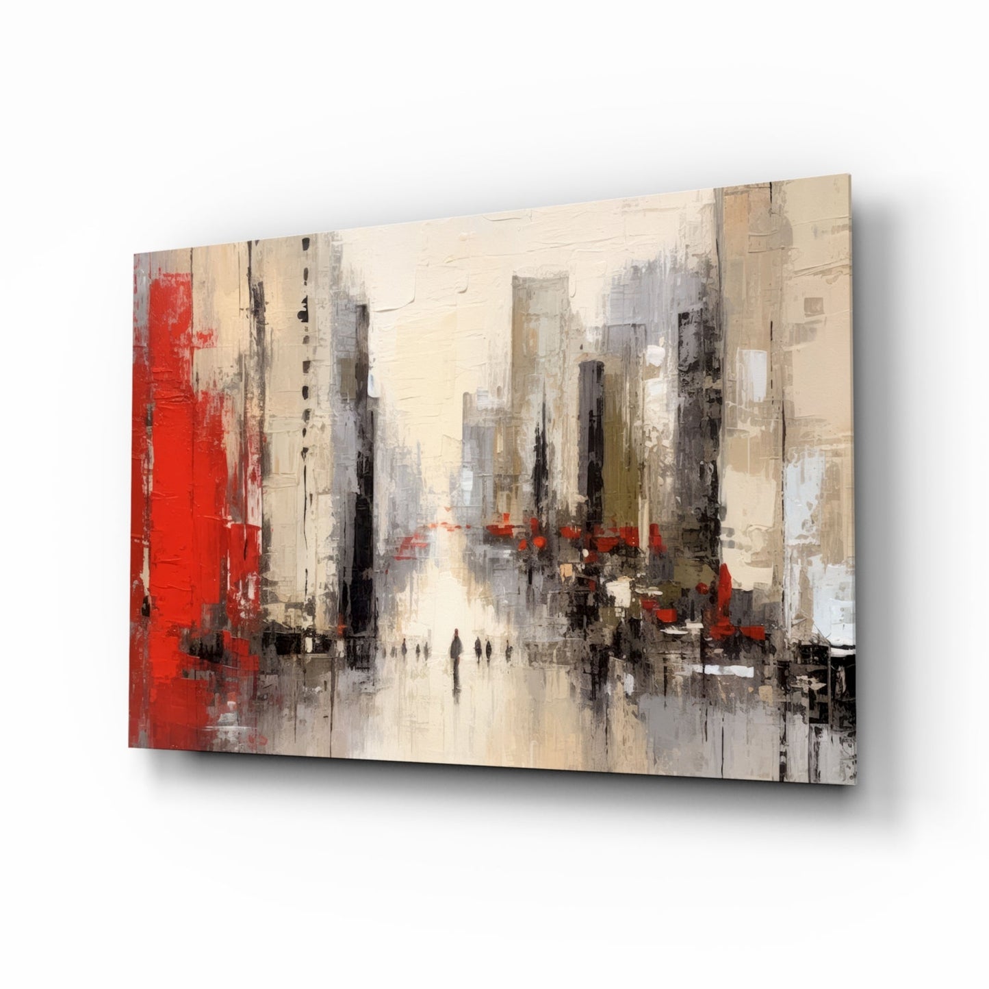 Red Accent City Street Figures Glass Wall Art