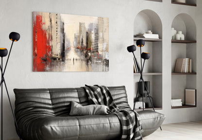 Red Accent City Street Figures Glass Wall Art