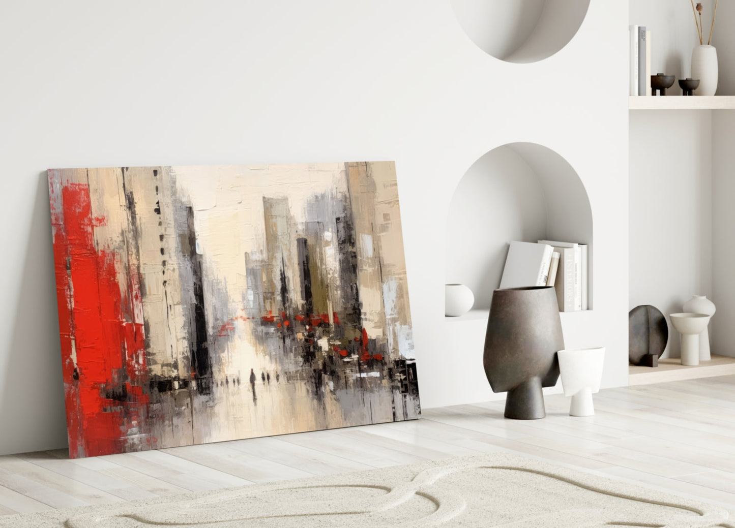 Red Accent City Street Figures Glass Wall Art