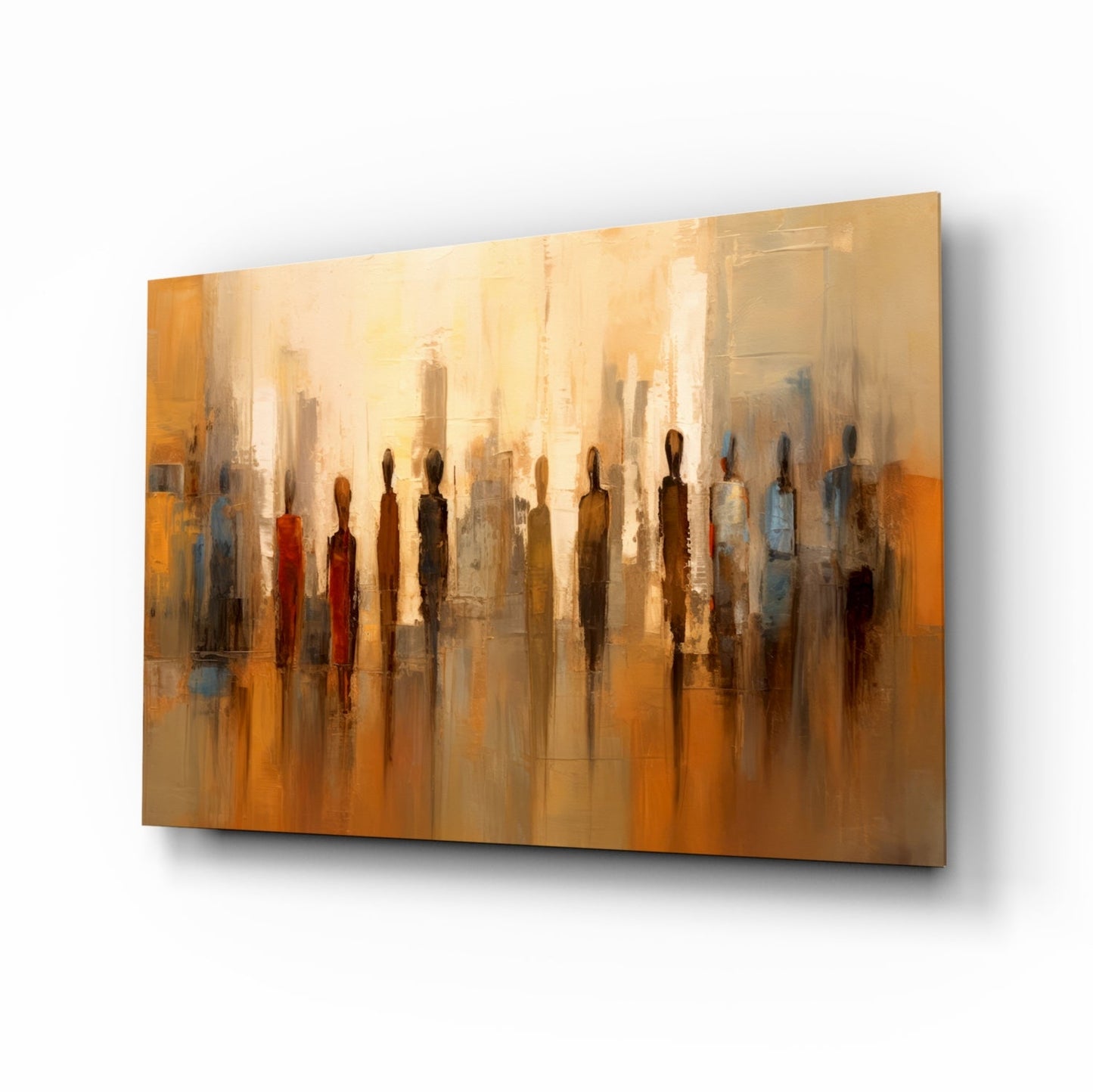 Abstract glass wall art depicting silhouetted figures in warm orange and golden tones with a blurred cityscape background, displayed at an angle.