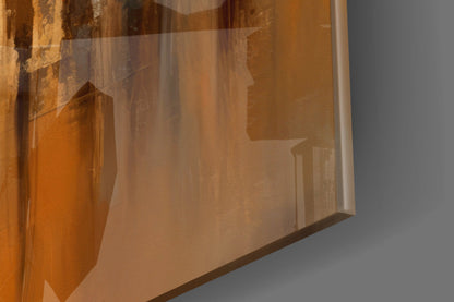 Close-up detail of amber and bronze silhouette glass panel showing layered architectural forms and textures against neutral background.