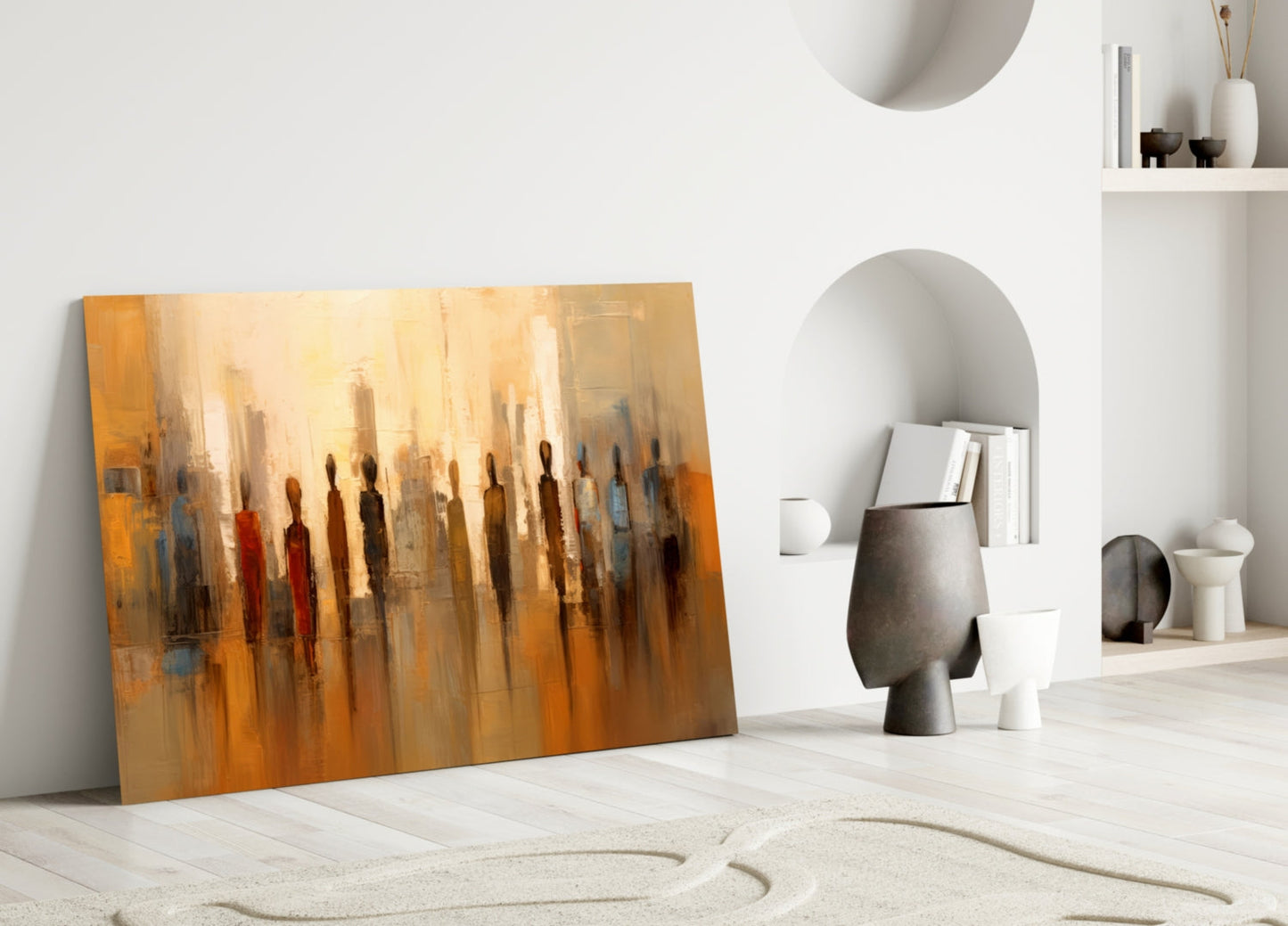 Abstract golden-orange glass artwork with silhouetted figures leaning against white interior wall with arched niche.