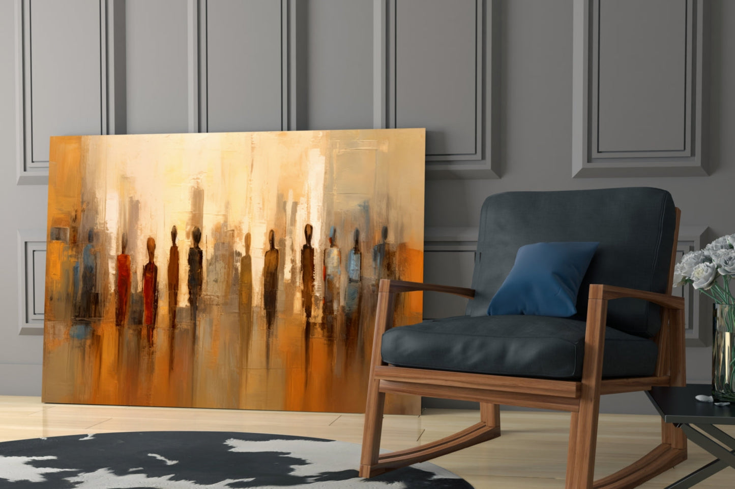 Abstract silhouettes glass wall art in warm orange and gold tones displayed in modern living room setting with wooden chair.