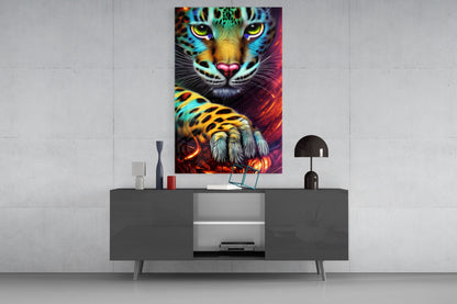 Vibrant neon tiger face artwork displayed above gray media console with black dome lamp and decorative accessories.