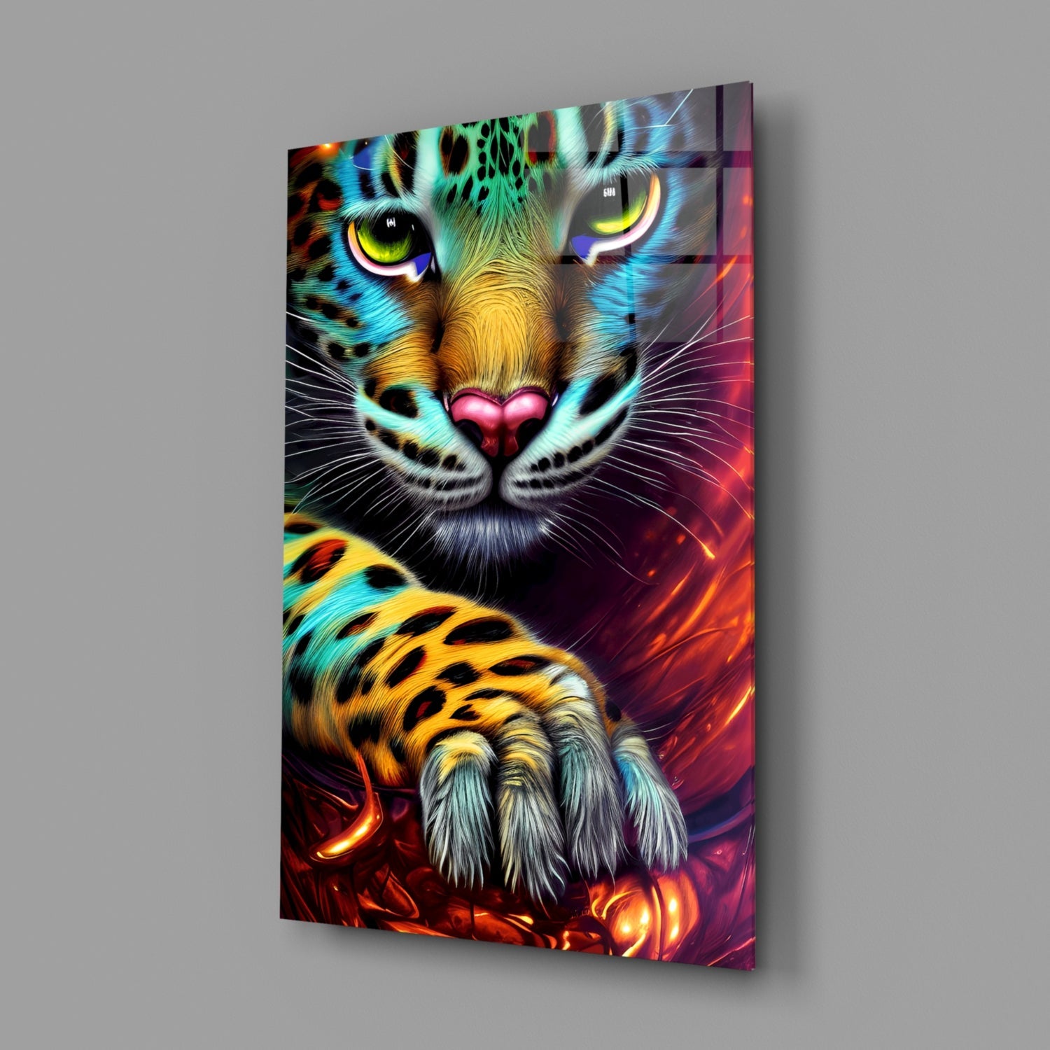 Angled view of glass wall art featuring a neon-colored tiger face with glowing yellow eyes and vibrant cyan, orange, and red background effects.