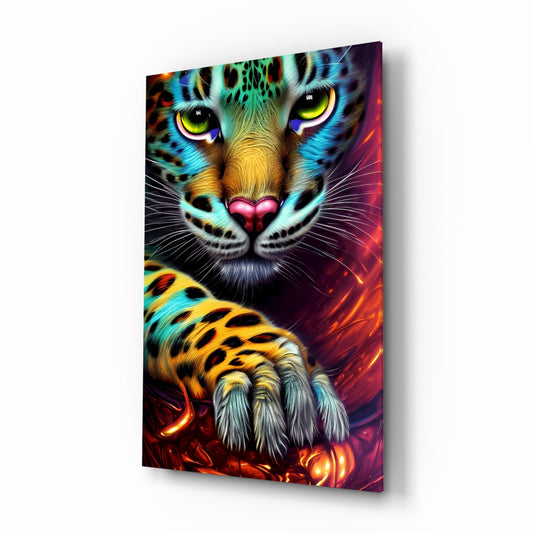 Angled view of glass wall art featuring a colorful leopard face with glowing yellow eyes and neon cyan, orange, and red background effects.
