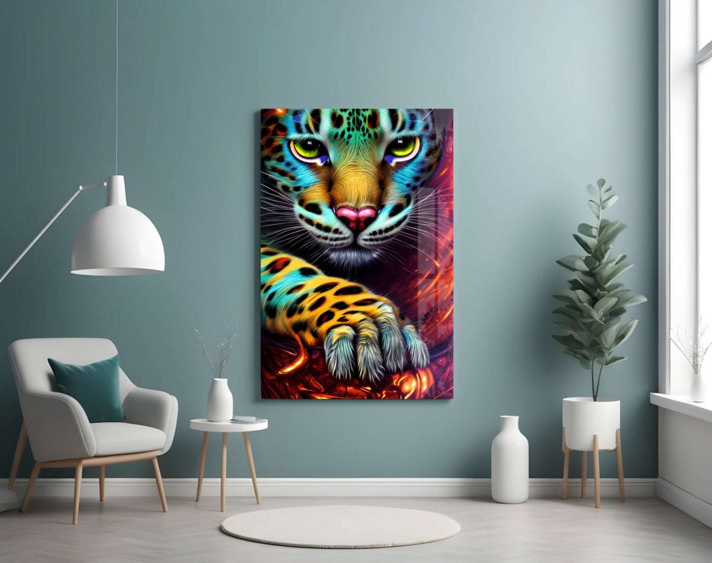 Colorful glass wall art featuring a vibrant leopard face with glowing yellow eyes displayed in a modern living room setting.