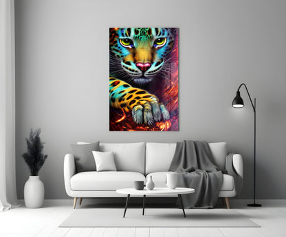 Colorful neon leopard face glass wall art displayed above white sofa in modern living room interior.