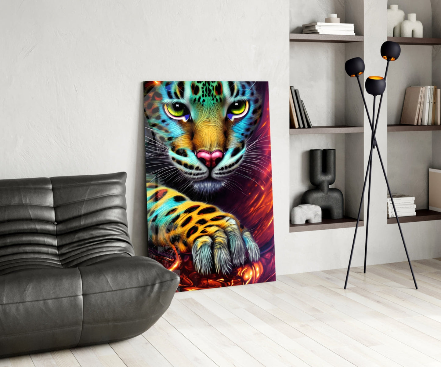 Colorful neon tiger face glass wall art displayed in modern living room with gray sofa and shelving.