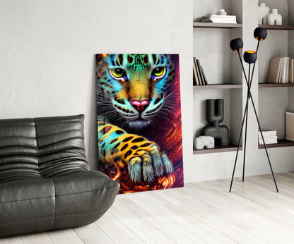 Colorful neon tiger face glass wall art displayed in modern living room with gray sofa and shelving.