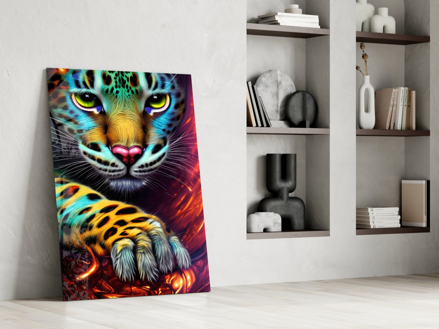 Vibrant neon tiger face glass wall art leaning against white wall beside shelving unit with books and decor.