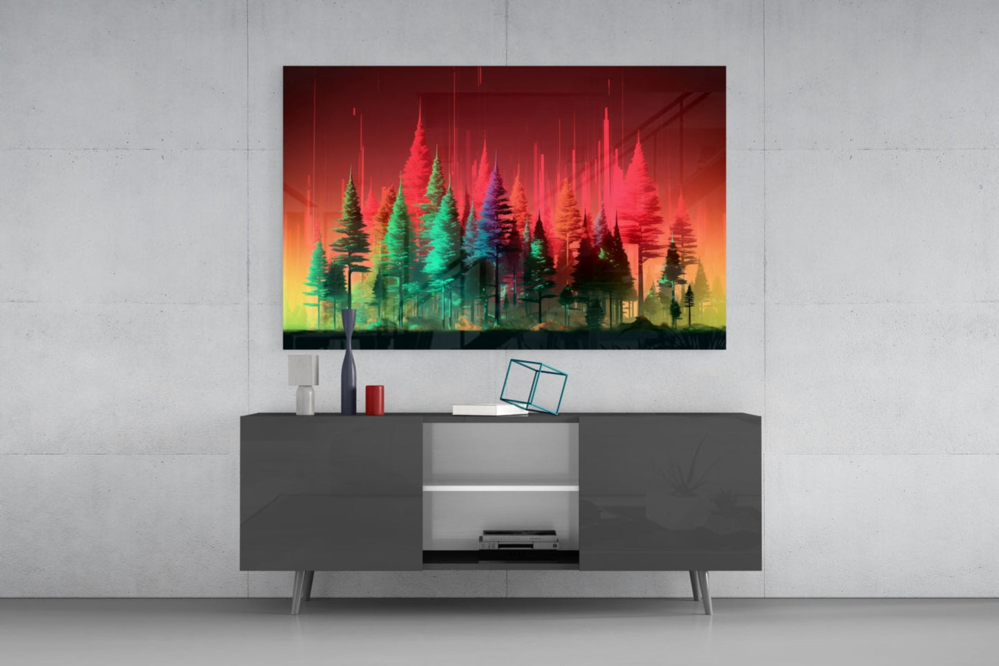 Neon Red And Green Pine Forest Glass Wall Art