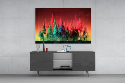 Neon Red And Green Pine Forest Glass Wall Art