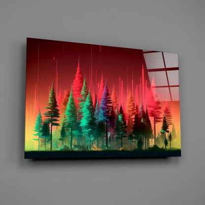 Neon Red And Green Pine Forest Glass Wall Art