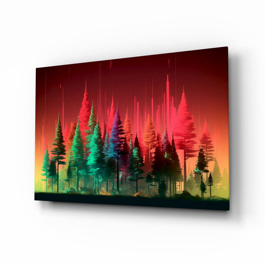 Angled perspective of neon forest glass art with red upper canopy, green lower trees, and yellow-orange gradient background against white.