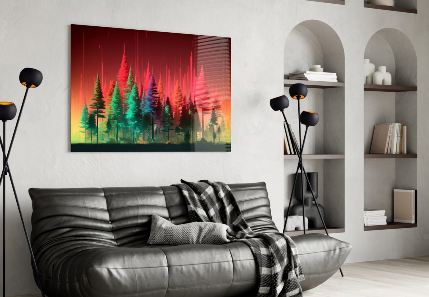 Neon Red And Green Pine Forest Glass Wall Art