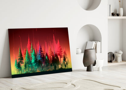 Neon Red And Green Pine Forest Glass Wall Art
