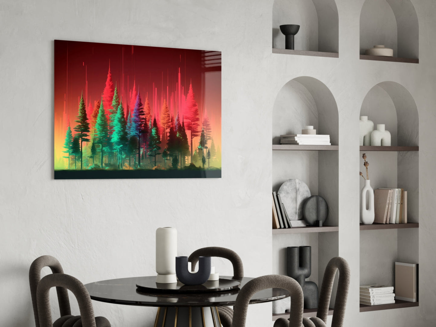 Neon Red And Green Pine Forest Glass Wall Art