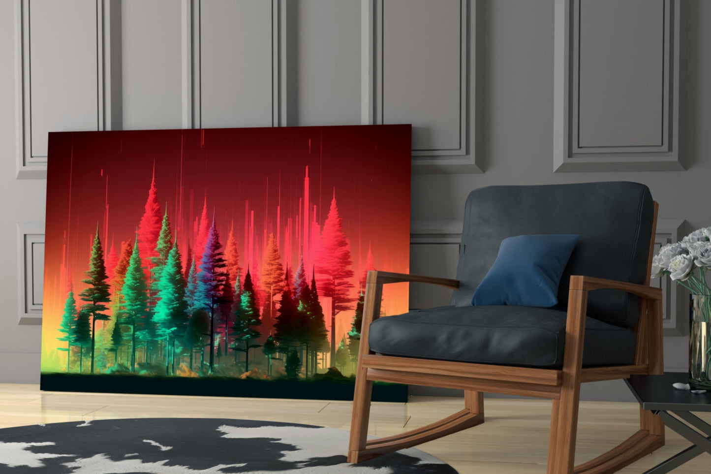Neon Red And Green Pine Forest Glass Wall Art