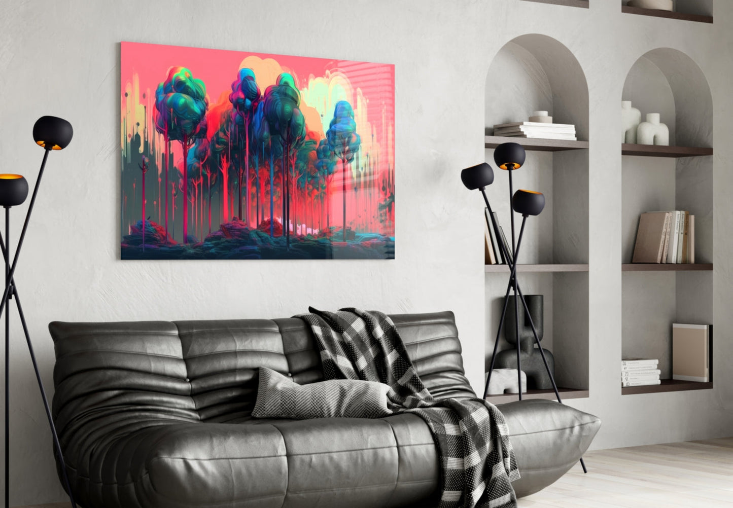 Dripping Paint Pink Treetops Glass Wall Art