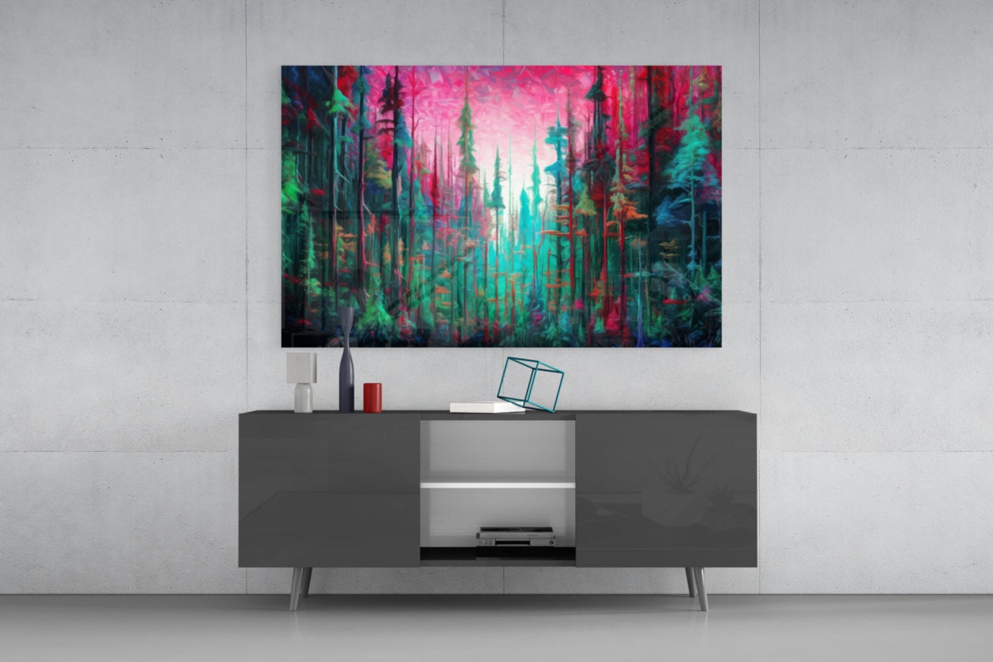 Magenta Sky Teal Pine Forest Glass Wall Art