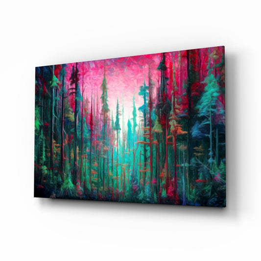 Angled perspective view of glass wall art displaying a vibrant forest scene with magenta sky, teal trees, and dark silhouettes.
