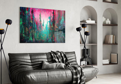 Magenta Sky Teal Pine Forest Glass Wall Art