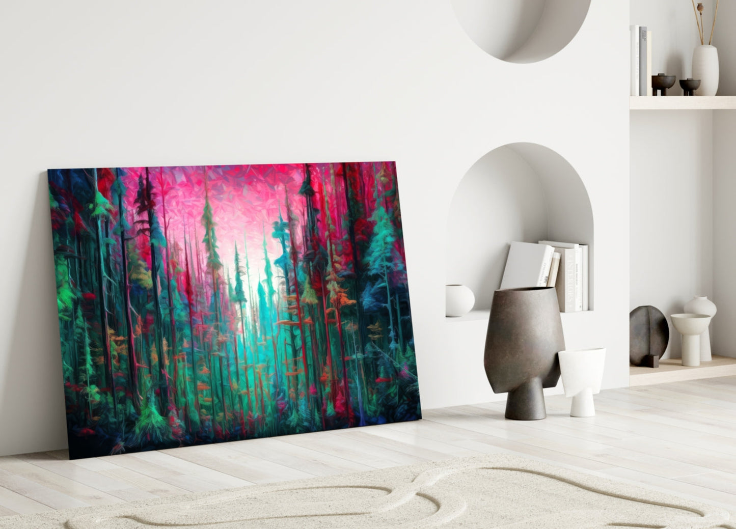 Magenta Sky Teal Pine Forest Glass Wall Art