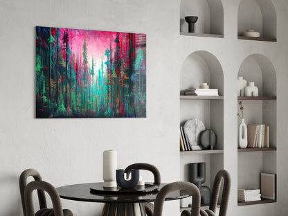 Magenta Sky Teal Pine Forest Glass Wall Art