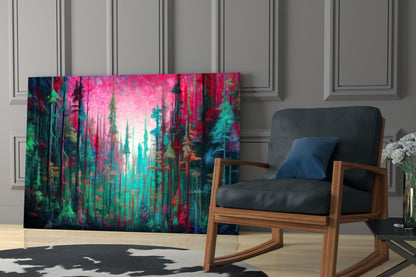 Magenta Sky Teal Pine Forest Glass Wall Art