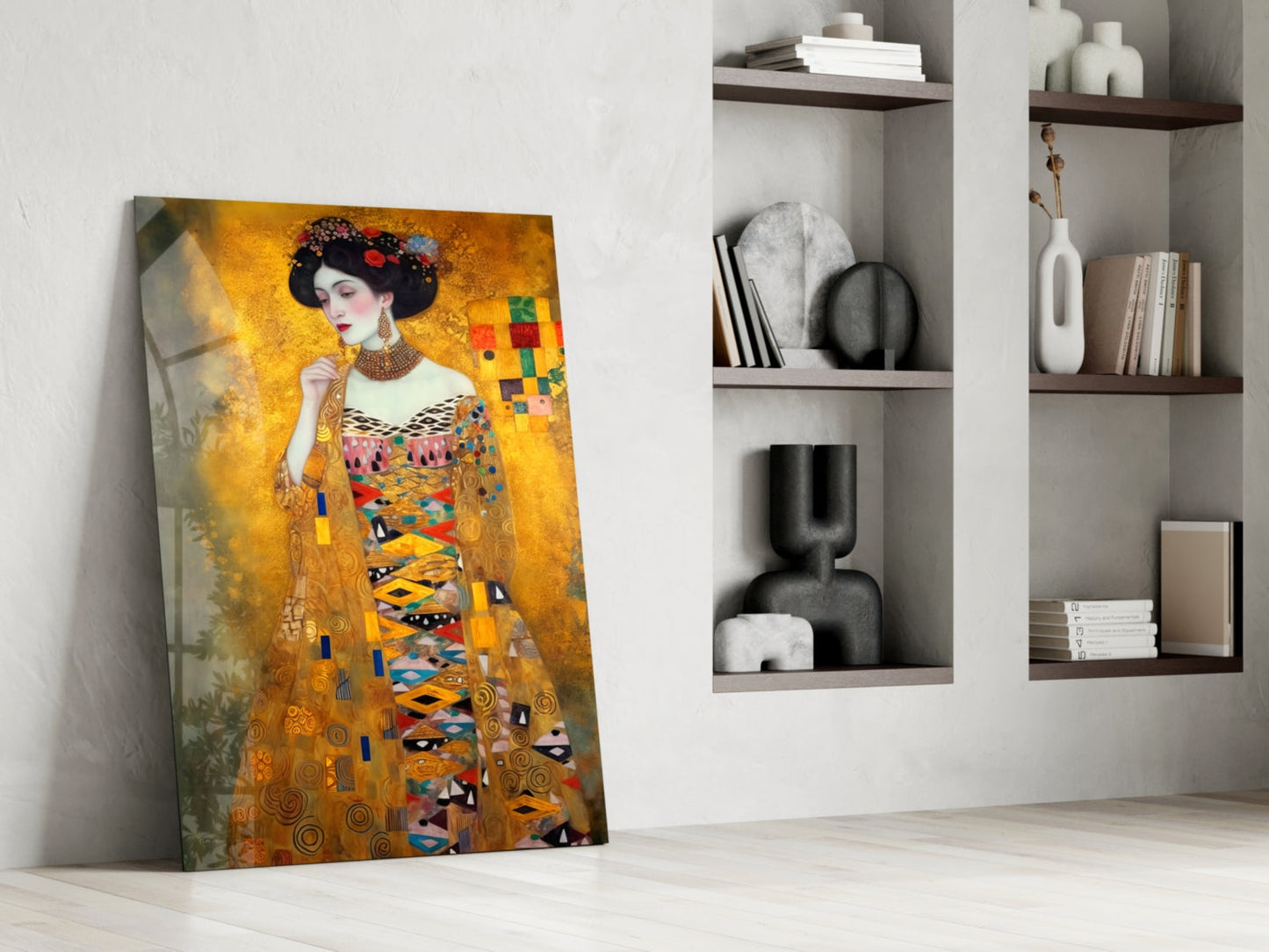 Klimt Style Golden Robe Lady Glass Wall Art