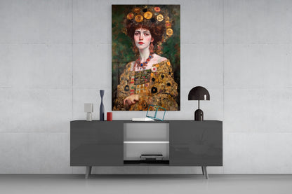 Klimt Style Floral Crown Portrait Glass Wall Art