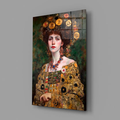Klimt Style Floral Crown Portrait Glass Wall Art