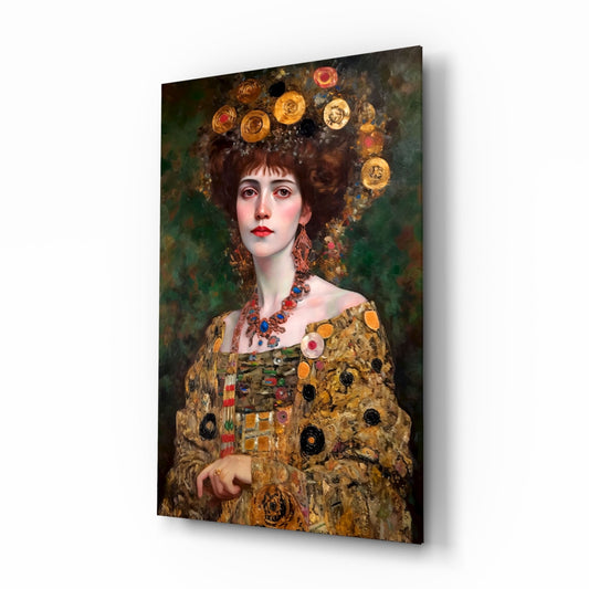 Glass wall art panel displaying a portrait of a woman with ornate gold circular crown and jeweled necklace against dark green background, shown at an angle.