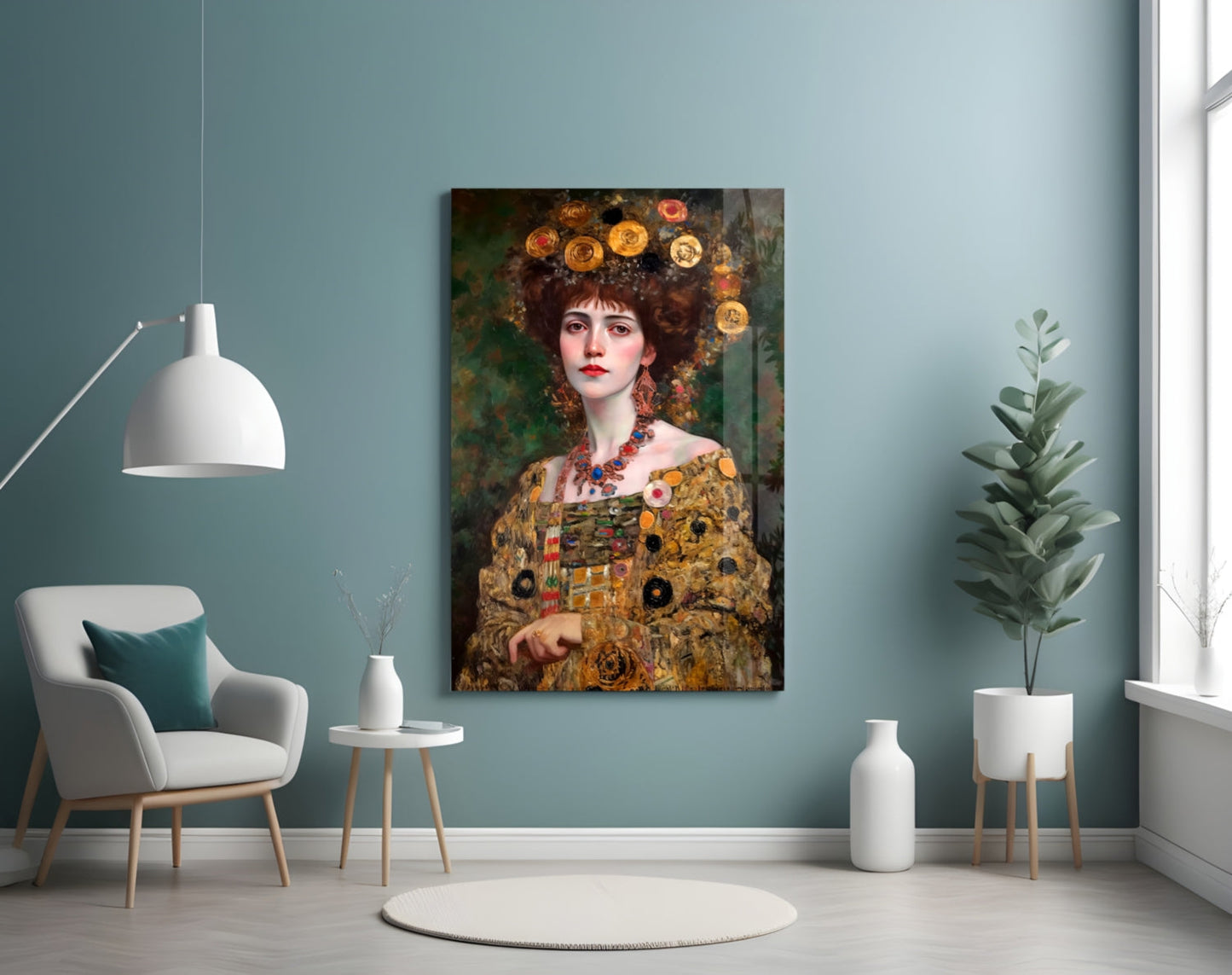 Klimt Style Floral Crown Portrait Glass Wall Art
