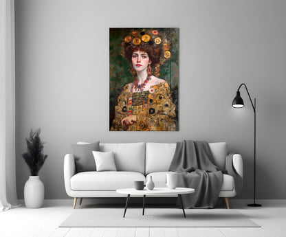 Klimt Style Floral Crown Portrait Glass Wall Art