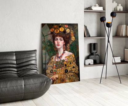 Klimt Style Floral Crown Portrait Glass Wall Art
