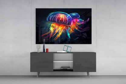 Neon Jellyfish Pair Cosmic Glow Glass Wall Art