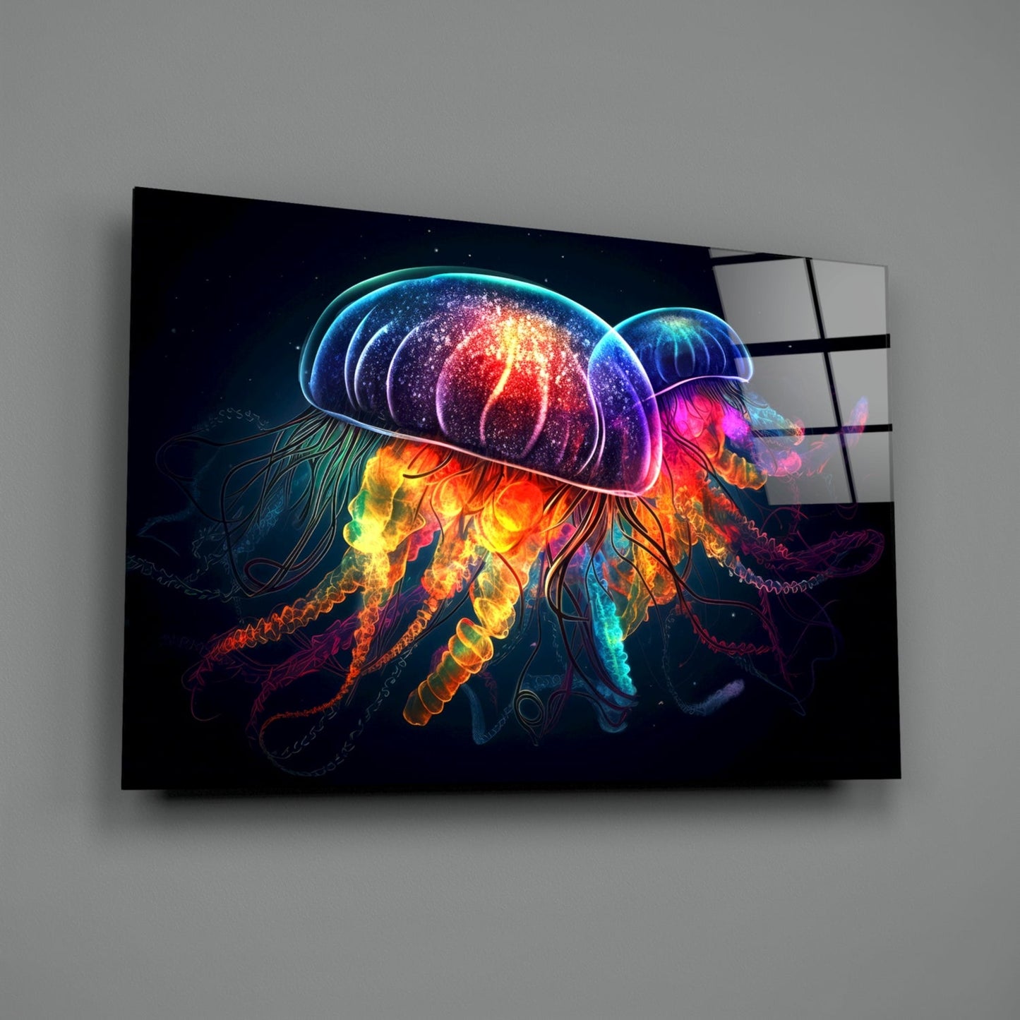 Neon Jellyfish Pair Cosmic Glow Glass Wall Art