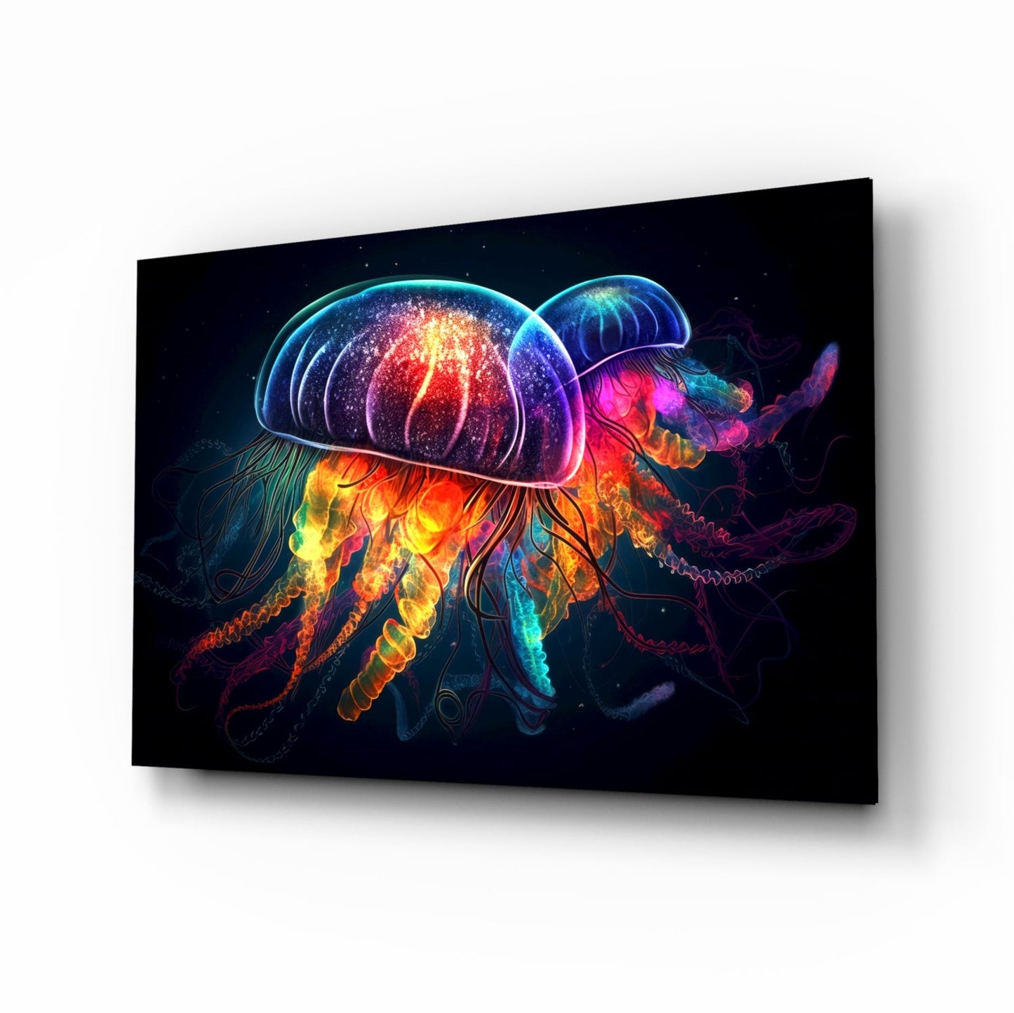Neon Jellyfish Pair Cosmic Glow Glass Wall Art