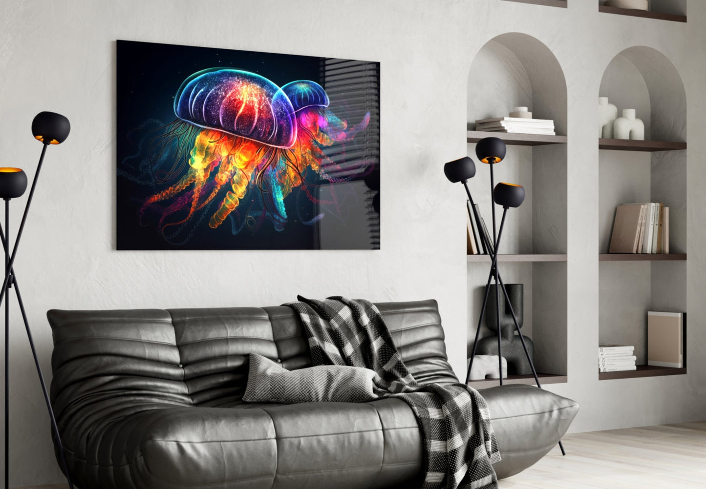 Neon Jellyfish Pair Cosmic Glow Glass Wall Art