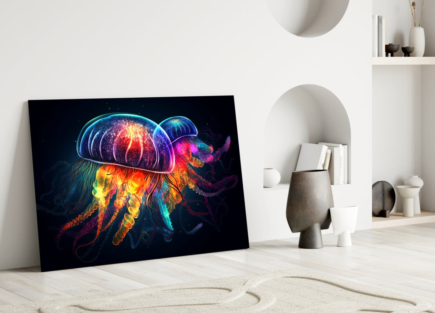 Neon Jellyfish Pair Cosmic Glow Glass Wall Art