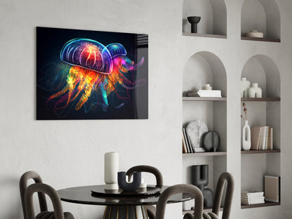 Neon Jellyfish Pair Cosmic Glow Glass Wall Art