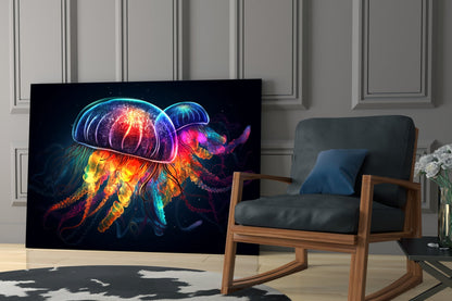 Neon Jellyfish Pair Cosmic Glow Glass Wall Art