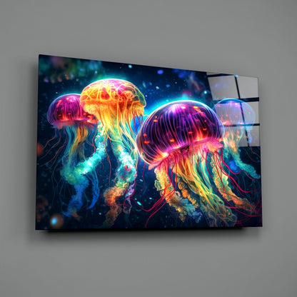 Four Neon Jellyfish Deep Sea Glow Glass Wall Art