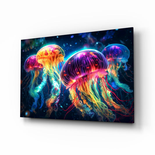 Angled perspective of illuminated glass wall art displaying four neon jellyfish in vibrant pink, yellow, and blue colors against dark background.